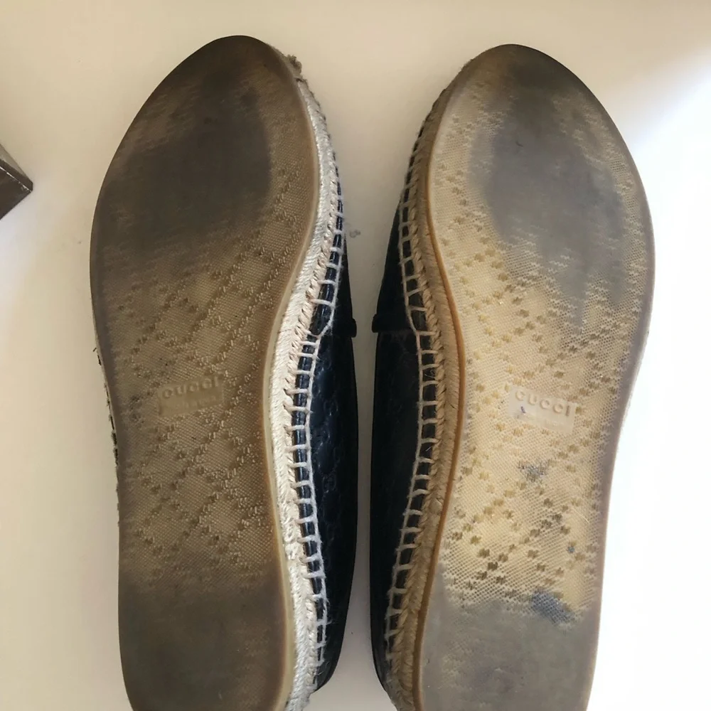 Gucci Black Leather Espadrilles Shoes Women's Guccissima GG Micro Size 37 US 7